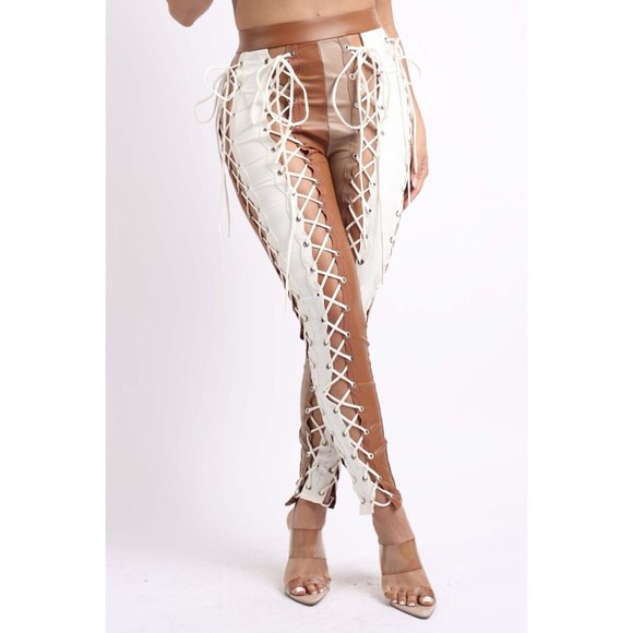 Women's Lace Up Detailed Matte PU Leggings Stylish Pants S-XL Cognac - Picture 2 of 11